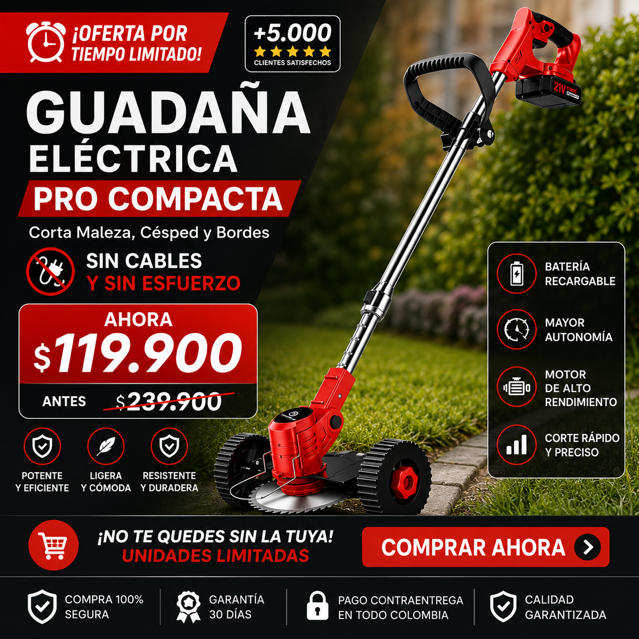 Guadaña Electrica Pro Compacta-  Corta Maleza, Césped y Bordes SIN Cables y SIN Esfuerzo