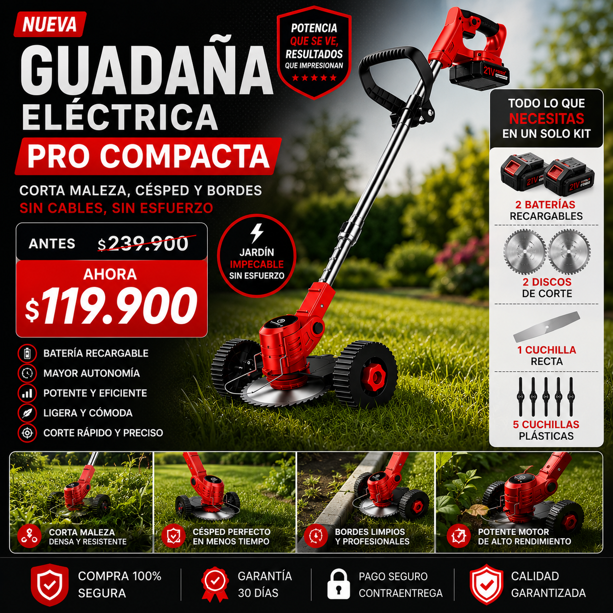 Guadaña Electrica Pro Compacta-  Corta Maleza, Césped y Bordes SIN Cables y SIN Esfuerzo
