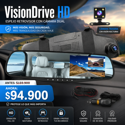 VisionDrive HD- Retrovisor inteligente con cámara HD que graba todo lo que pasa en tu camino para mayor seguridad y tranquilidad