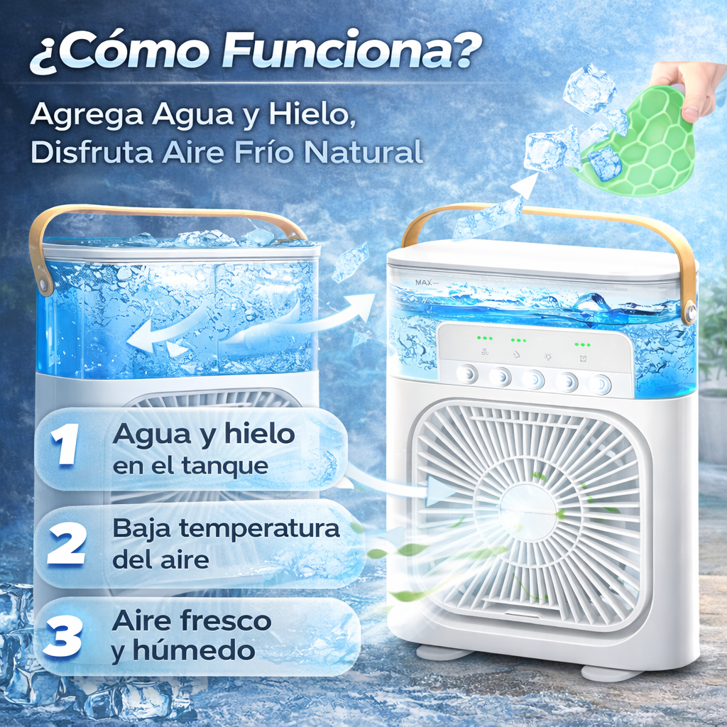 AireFresh Pro – Enfriador Personal 3 en 1,Enfría, Humidifica y Refresca.