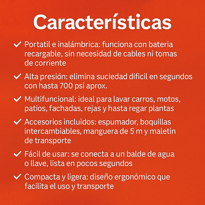 Limpieza profunda en minutos, sin cables ni enredos - HIDROLAVADORA PORTATIL