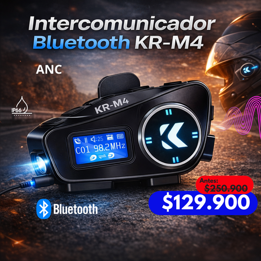 Intercomunicador PRO Kaeler KR-M4 Touring – 4 en 1 para Motociclistas, Con Linterna , Bluetooth, Cancelación de Ruido, Pantalla LCD.