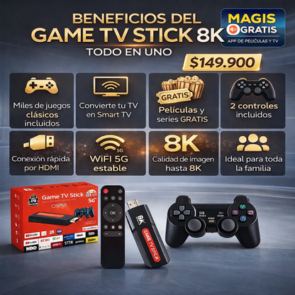 CONSOLA GAME TV STICK 8K + APP XUPER GRATIS -Juegos,TV en vivo , Peliculas. TODO  en un solo Dispositivo
