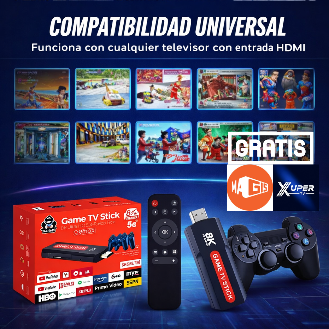 CONSOLA GAME TV STICK 8K + APP XUPER GRATIS -Juegos,TV en vivo , Peliculas. TODO  en un solo Dispositivo
